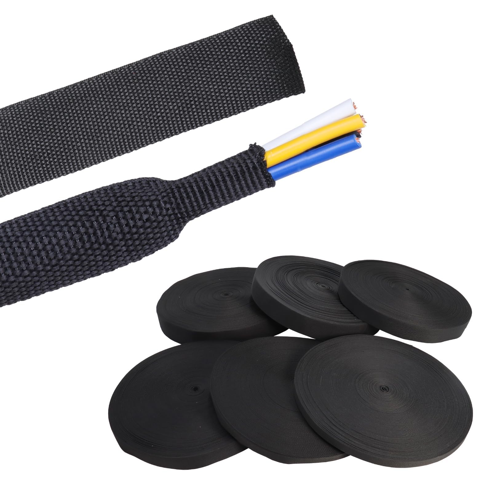 Black 2:1 Ratio Automotive Heat Shrink Braided Sleeving,Wear Resistant Flat Woven Shrinkable Sleeve Fabric Car Cable Wires Hoses